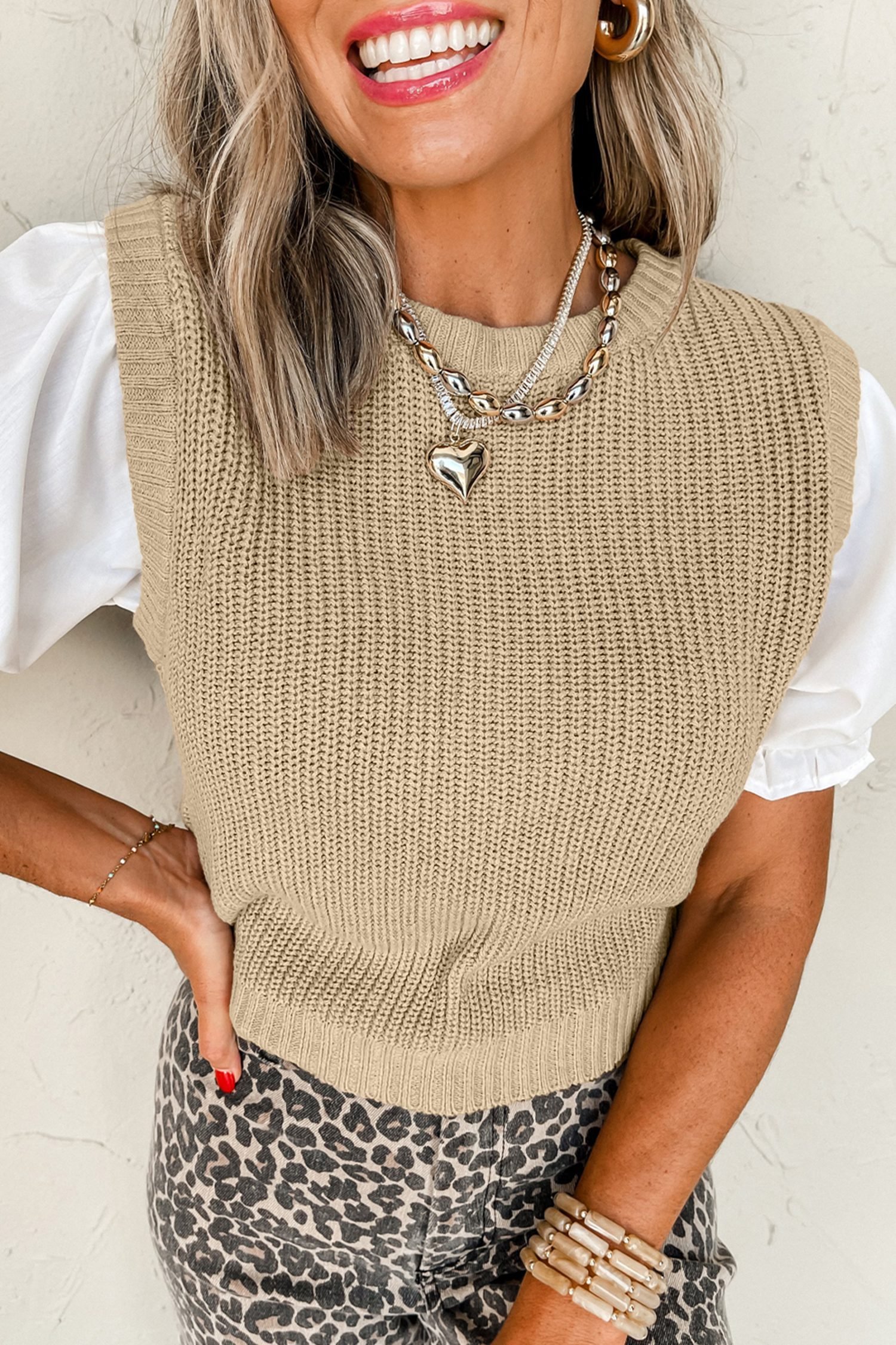 Light French Beige Round Neck Knit Contrast Short Sleeve Patchwork Sweater Top - Image 3
