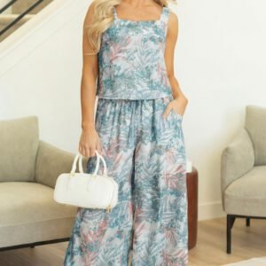 Green Tropical Palm Printed Cropped Tank Drawstring Wide Leg Pant Set