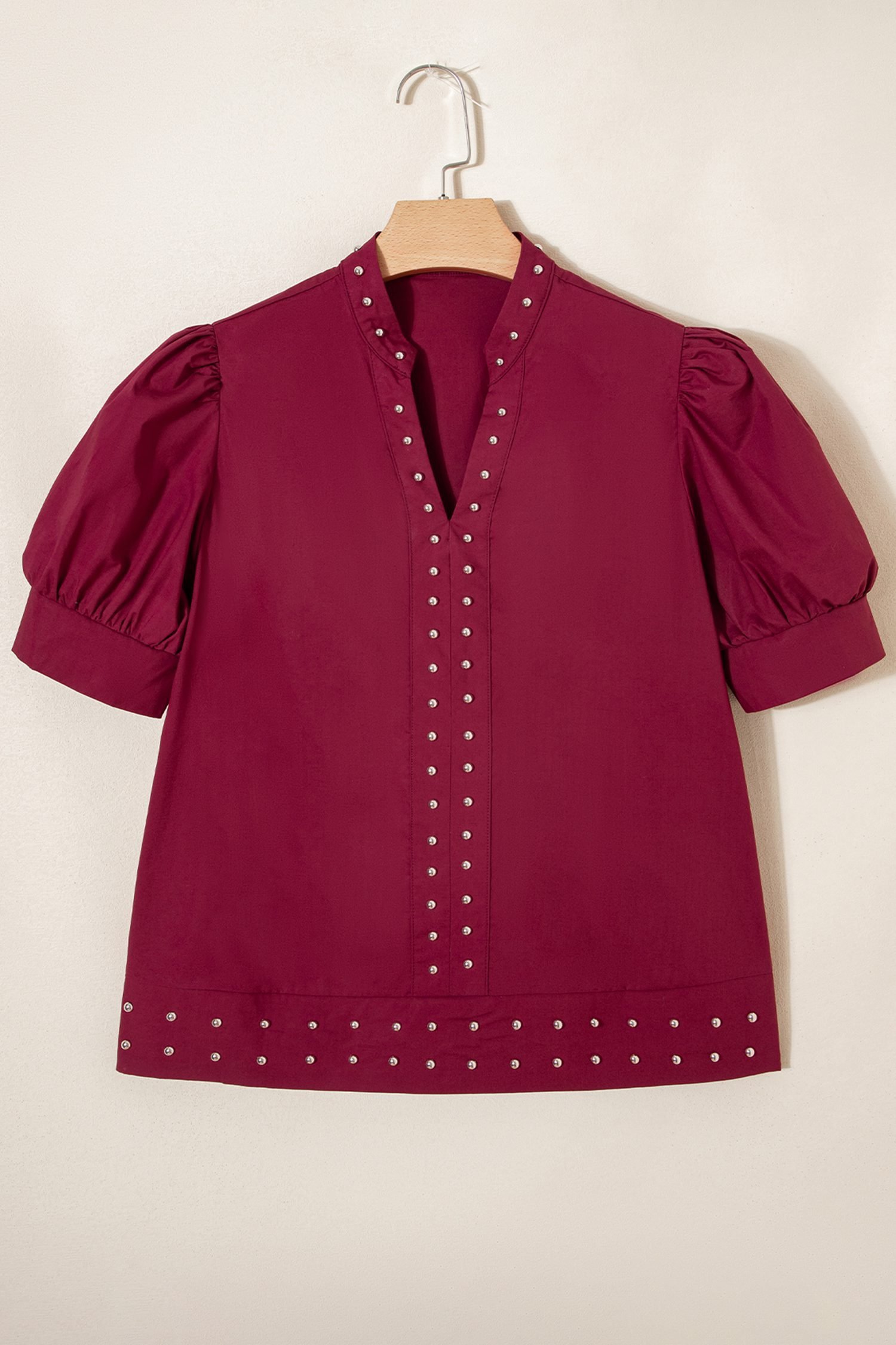 Burgundy Rivet Embellished V Neck Short Puff Sleeve Blouse
