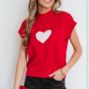 Fiery Red Valentine Heart Graphic Cropped Short Sleeve Sweater