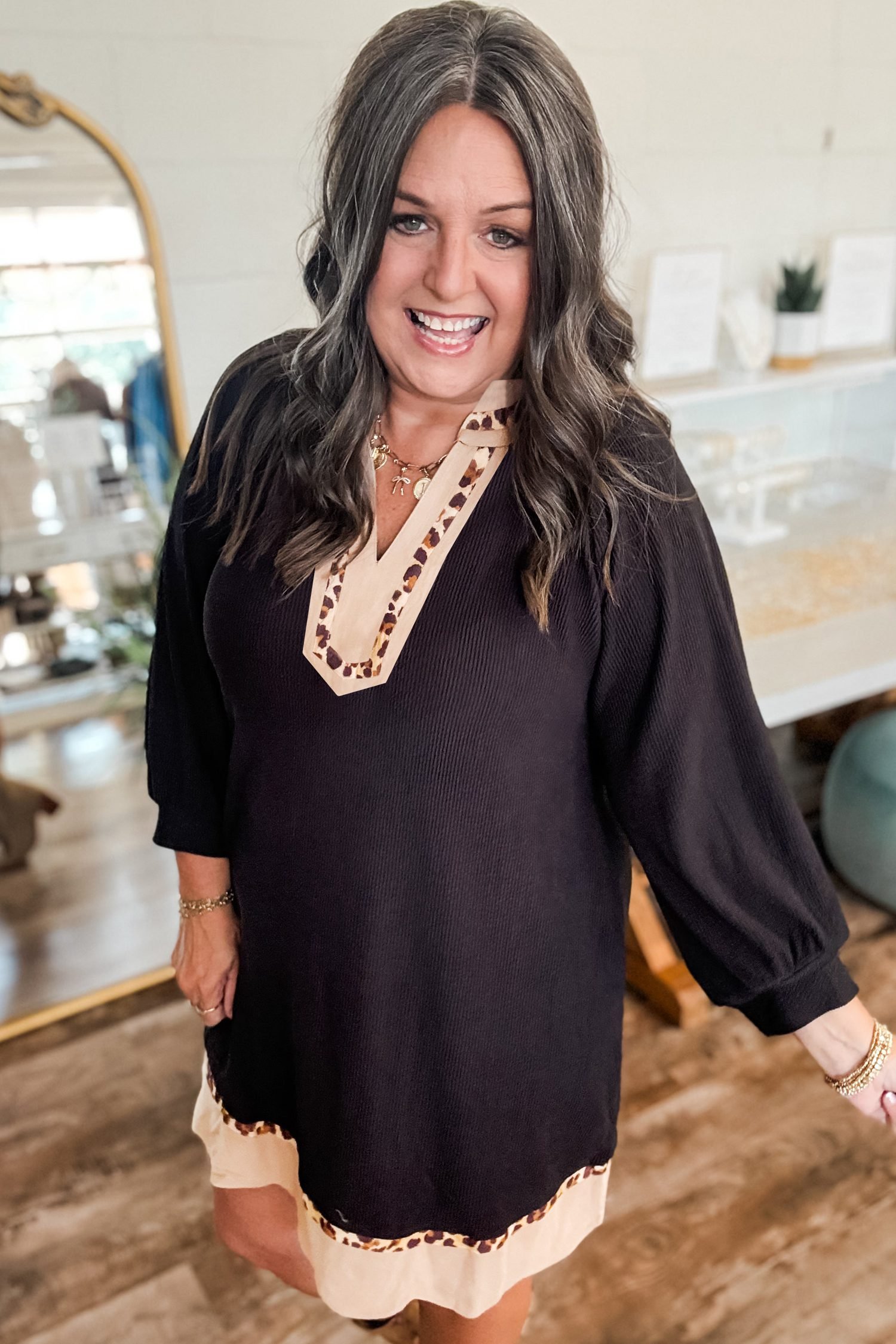 Black Contrast Color Block Leopard Trim Plus Size Ribbed Dress - Image 4