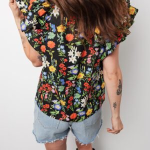 Black Tiered Flutter Sleeve V Neck Flower Blouse