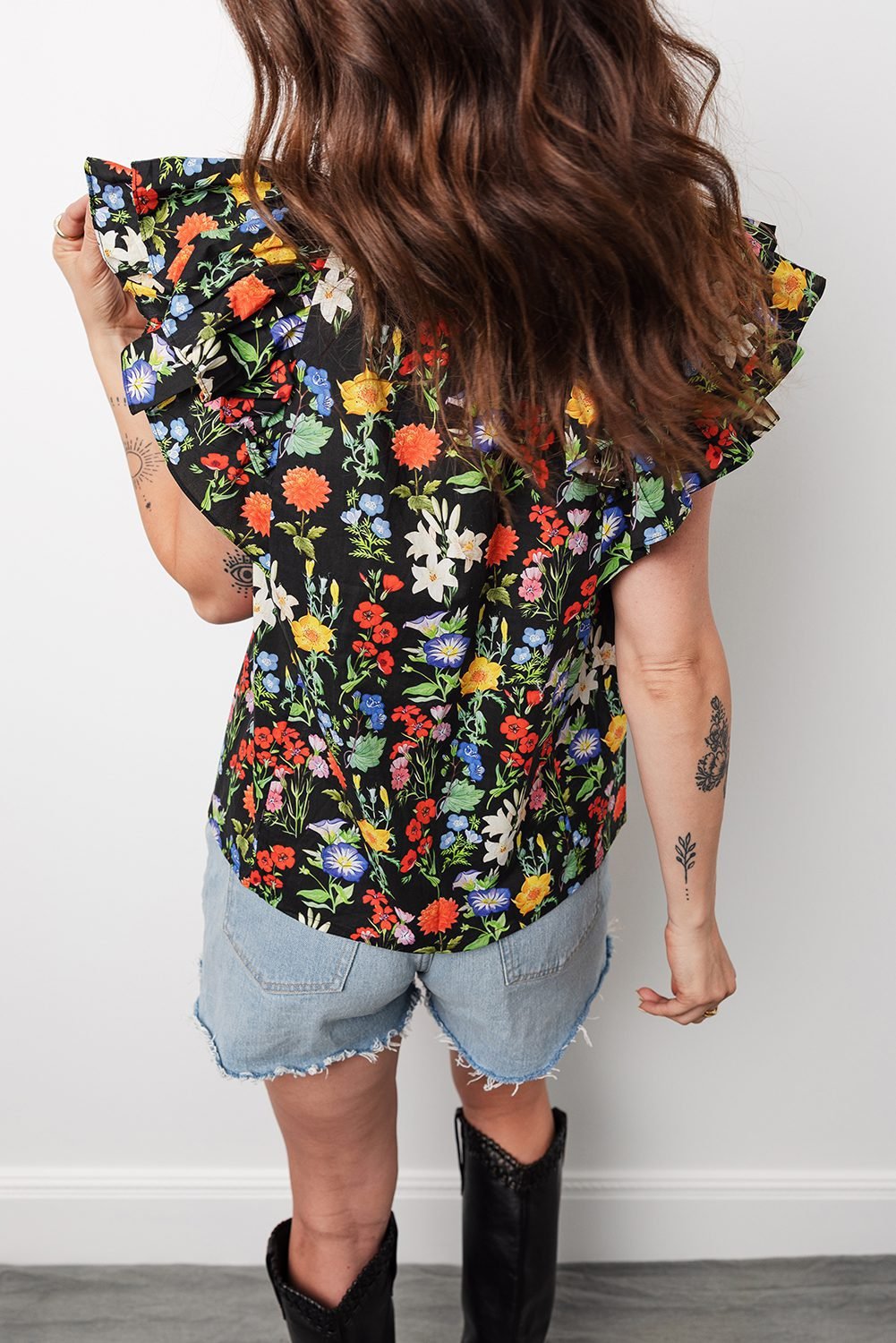 Black Tiered Flutter Sleeve V Neck Flower Blouse - Image 2