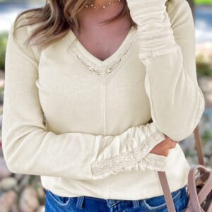 Beige Thermal Knit Lace Ruched Patchwork Long Sleeve V Neck Top