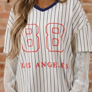 Blue Stripe 88 LOS ANGEL Graphic Lace Patchwork Faux Two Piece V Neck Top