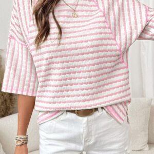 Pink Stripe Textured Knit Split Hem Half Sleeve Loose Top