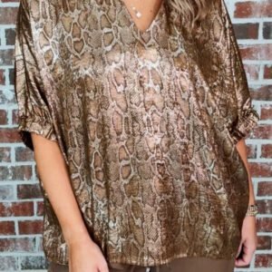 Brown Polo Collared V Neck Short Sleeve Metallic Leopard Blouse