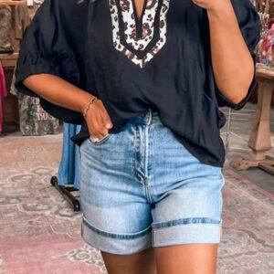 Black Dolman Half Sleeve Leopard Patchwork Trim V Neck Blouse