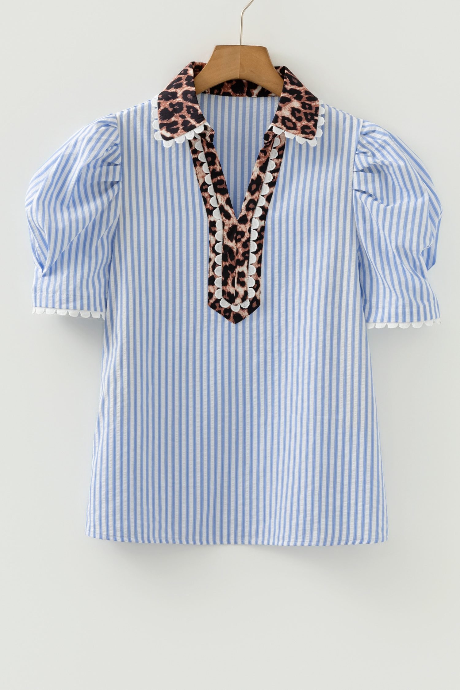 Sky Blue Stripe Ricrac Trim Short Puff Sleeve Leopard Patchwork Collar V Neck Blouse - Image 8