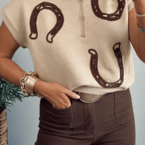 Parchment Corded Horseshoes Ribbed Trim Mock Neck Short Sleeve Sweater