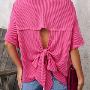 Rose Red Spiral Ribbed Cutout Bow Knot Back Oversize T Shirt