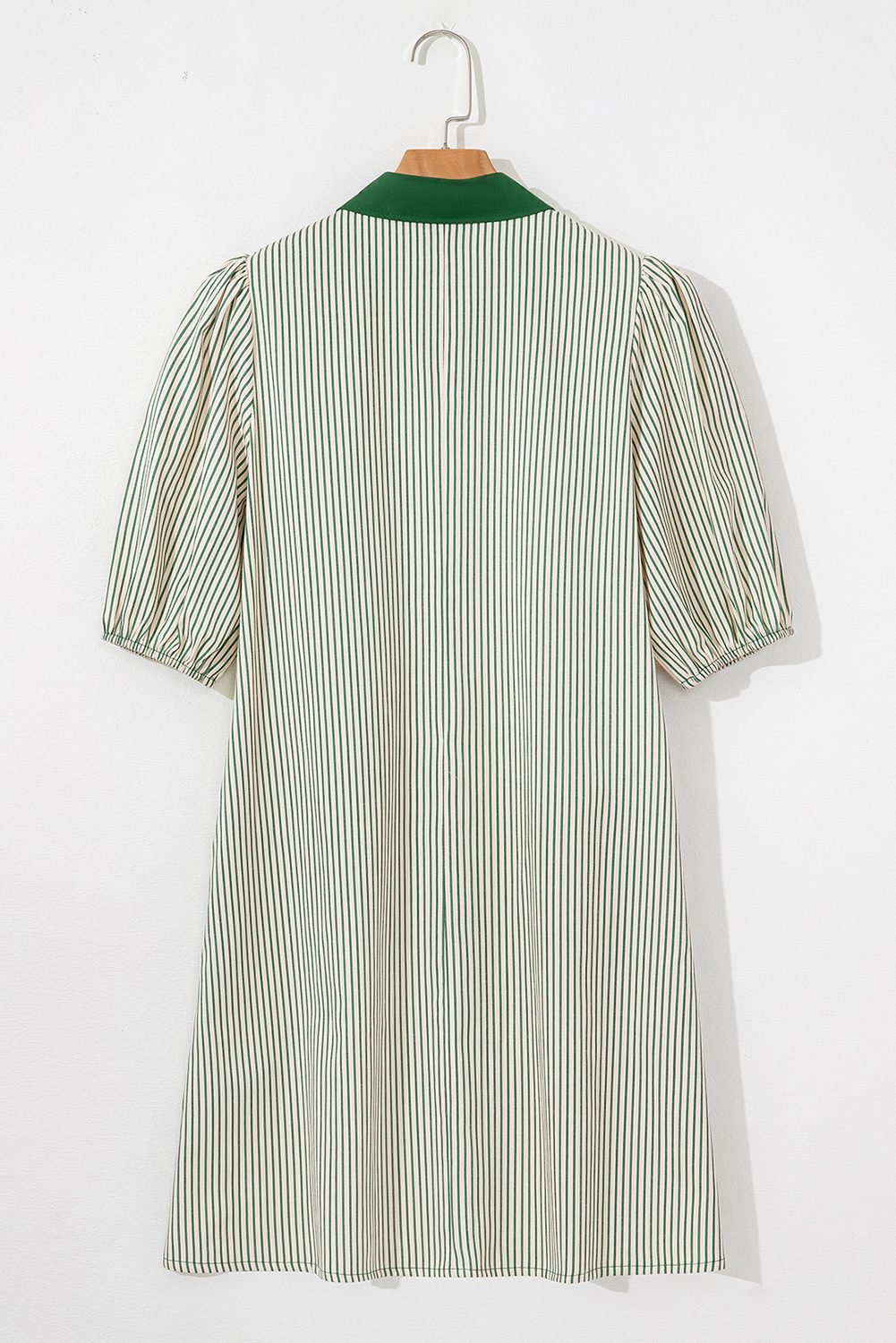 Green Stripe Color Block Patchwork Shirt Collar Button Down Puff Sleeve Mini Dress