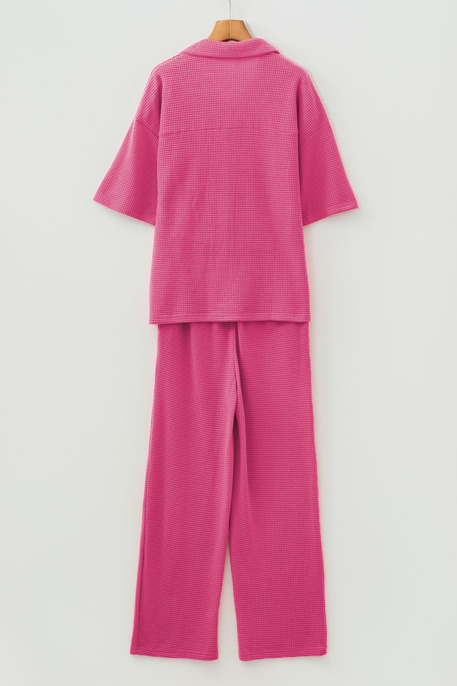 Rose Red Solid Color Textured Buttoned Shirt and Casual Pants Set