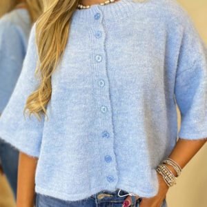 Beau Blue 3/4 Sleeve Boxy Knit Button Down Sweater Cardigan