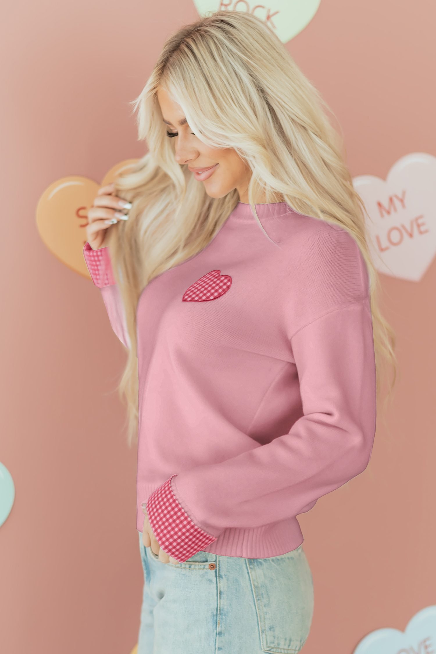 Light Pink Plaid Heart Embroidered Cuffed Drop Shoulder Crew Neck Sweater