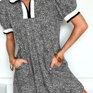 Black Leopard Print Contrast Striped Trim Polo Collar Short Sleeve Dress with Pockets