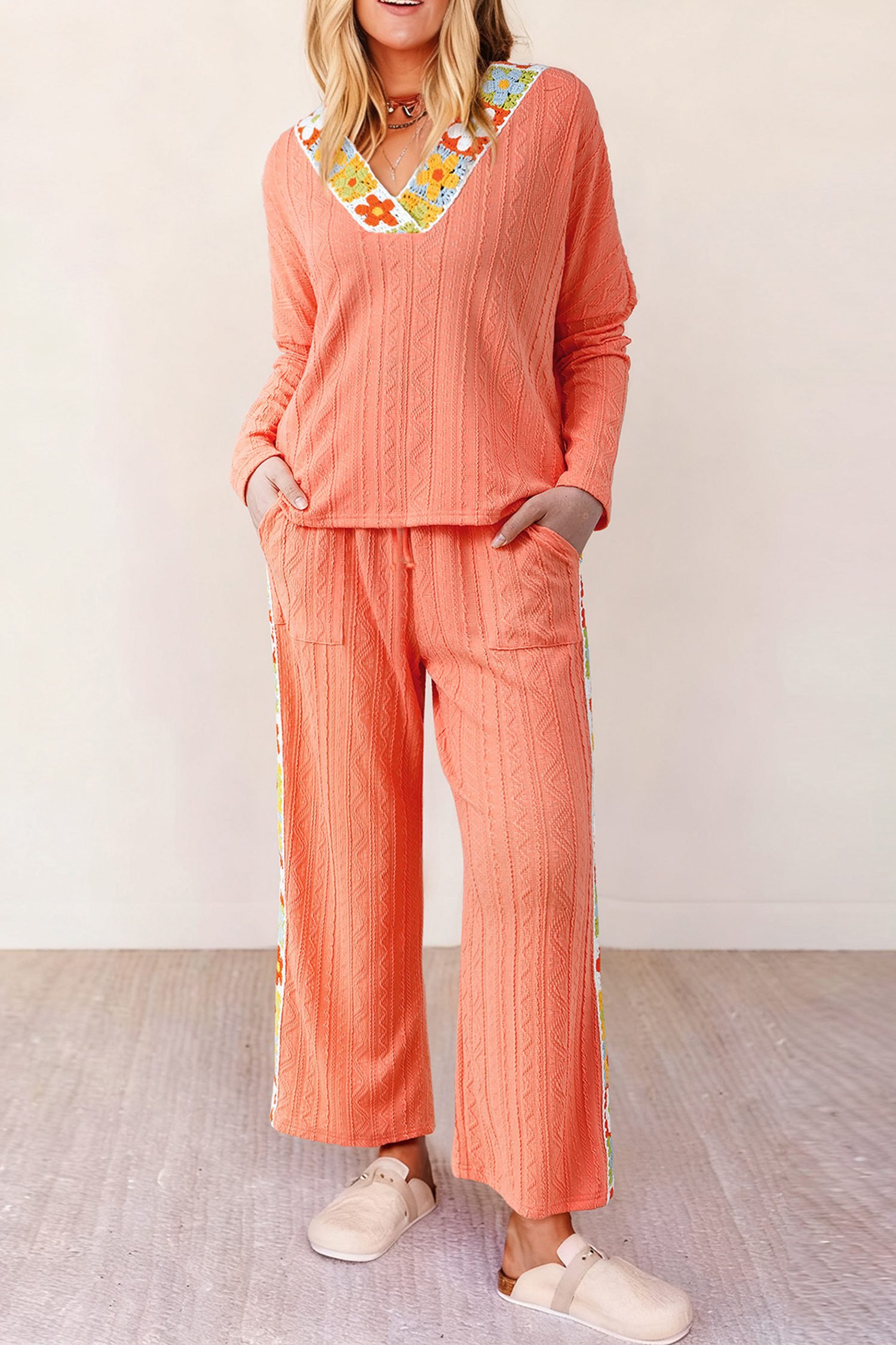 Grapefruit Orange Crochet Floral Accent V Neck Textured Pants Set