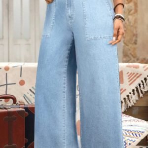 Beau Blue Plus Size Elastic Waist Ruffled Wide Leg Denim Pants