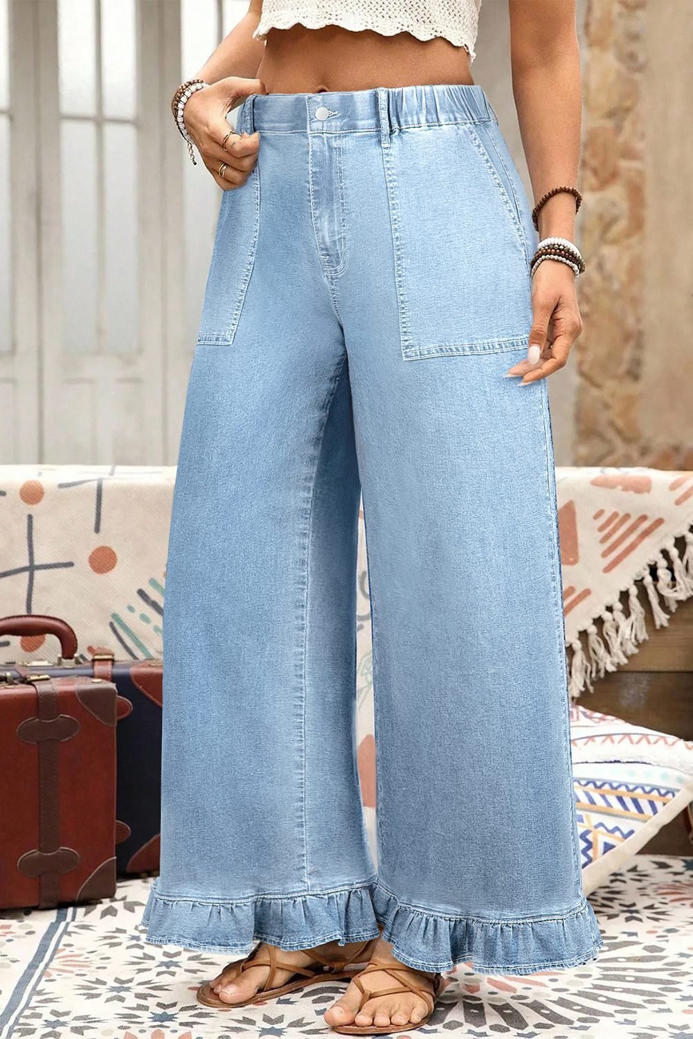 Beau Blue Plus Size Elastic Waist Ruffled Wide Leg Denim Pants