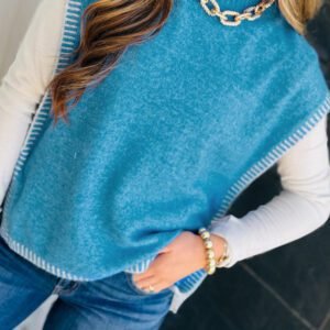 Blue Contrast Stitch Trim Knot Side Mock Neck Sweater Vest