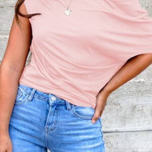 Gossamer Pink Plus Size Solid Color Asymmetric Neck Short Sleeve Blouse