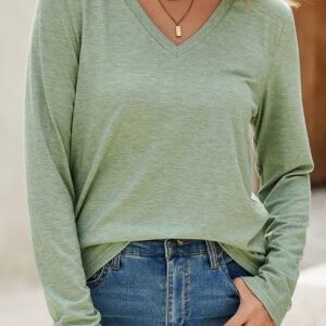 Grass Green Solid Color V Neck Long Sleeve Stretchy Top
