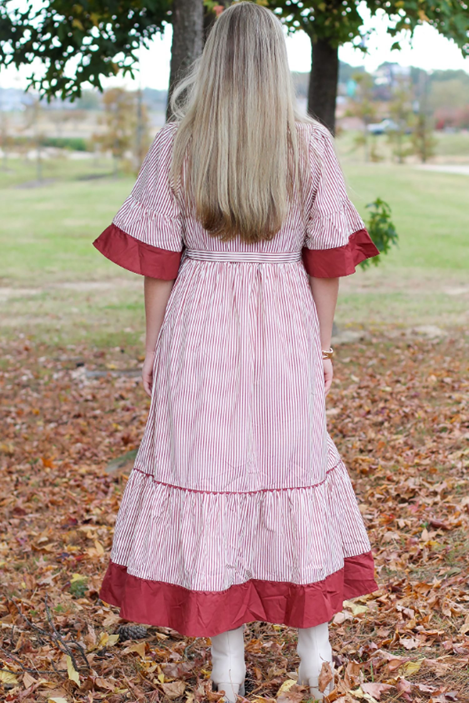 Red Stripe Plus Size Ruffled Hem Pinstriped Midi Dress