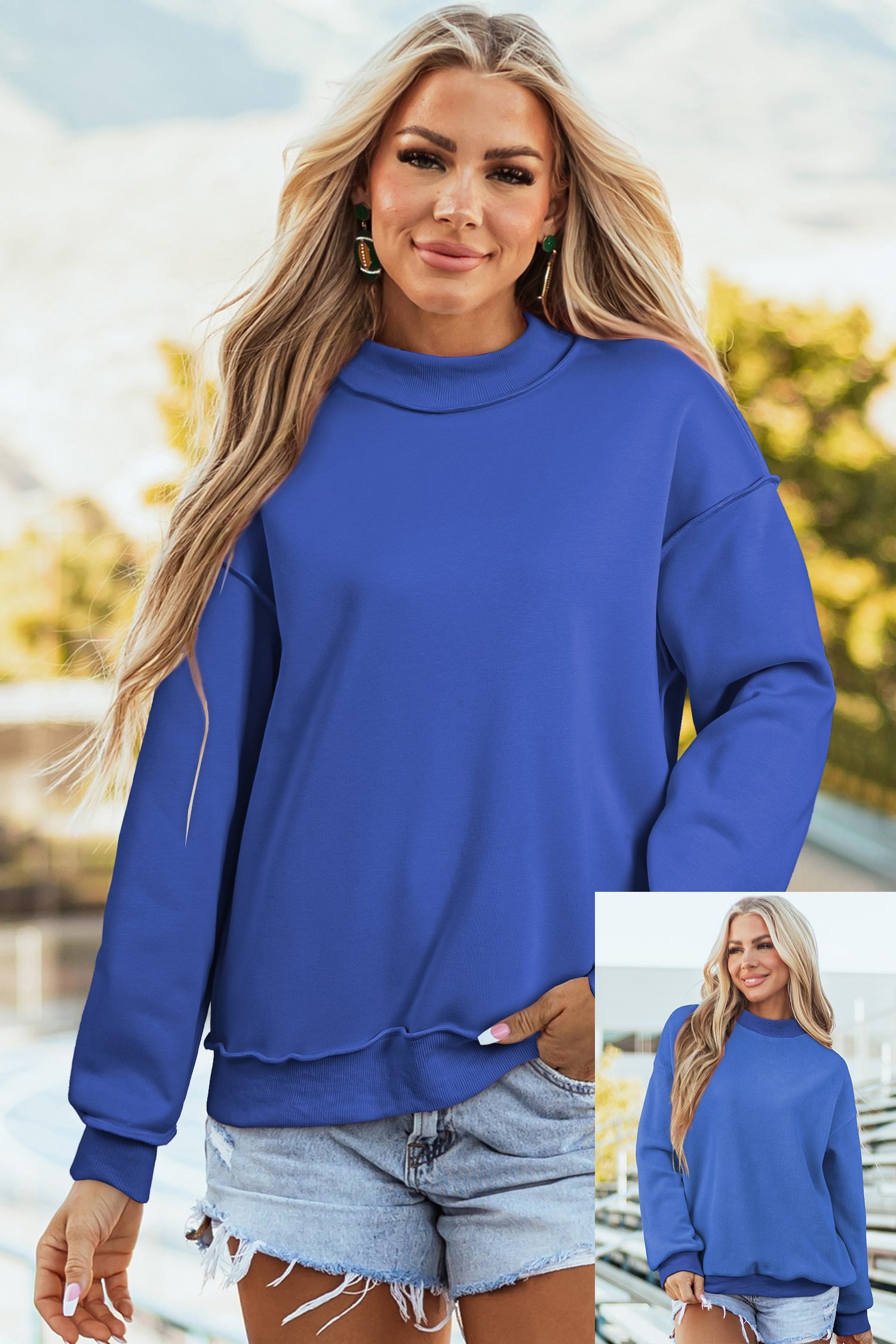Dark Blue Oversize Drop Shoulder Reversible Mock Neck Sweatshirt