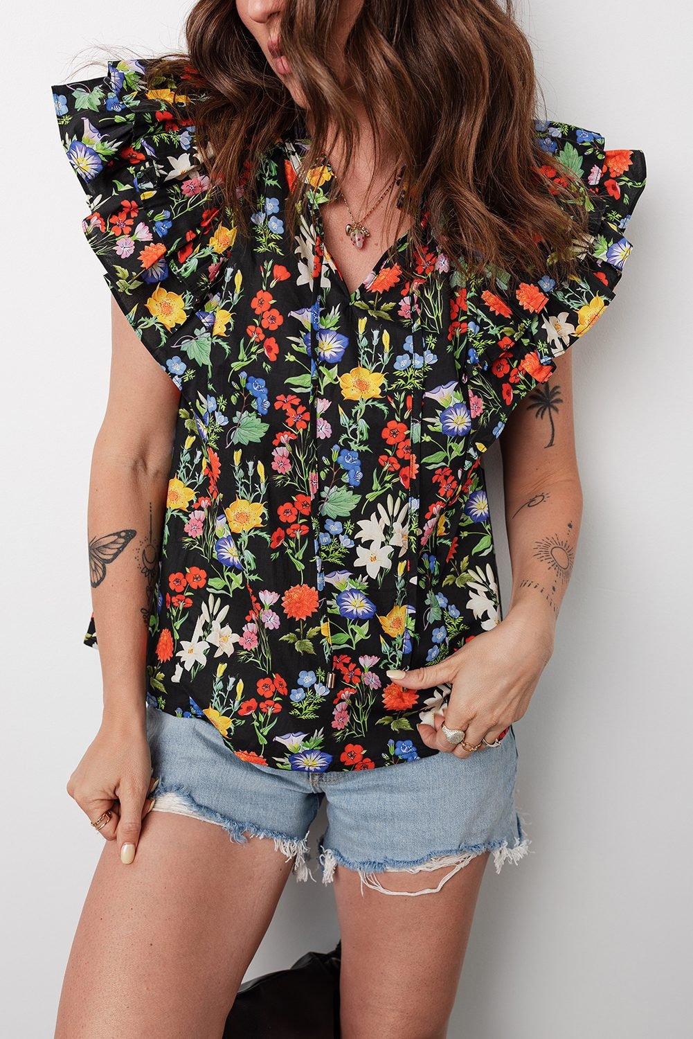 Black Tiered Flutter Sleeve V Neck Flower Blouse - Image 3