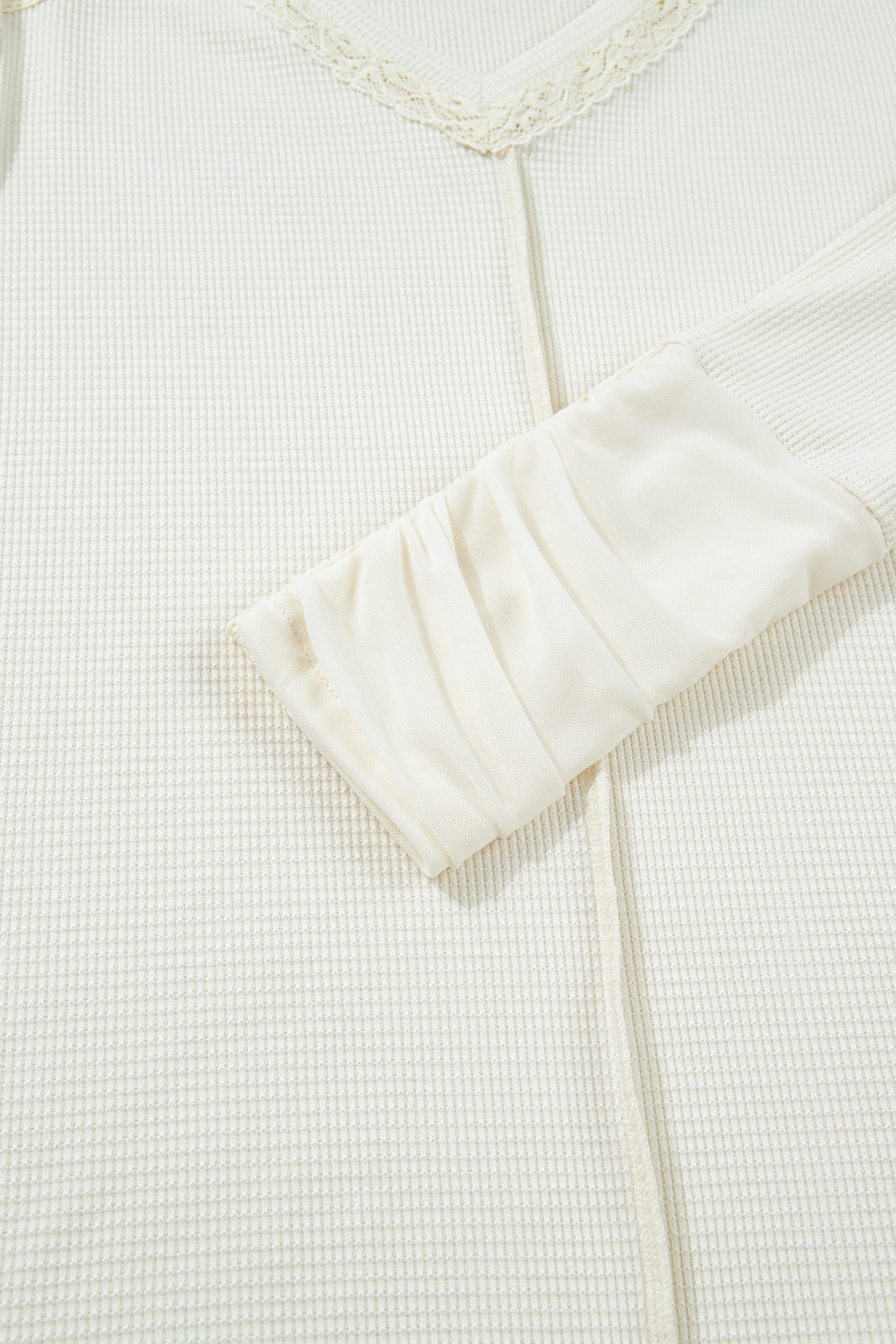 Beige Thermal Knit Lace Ruched Patchwork Long Sleeve V Neck Top - Image 9