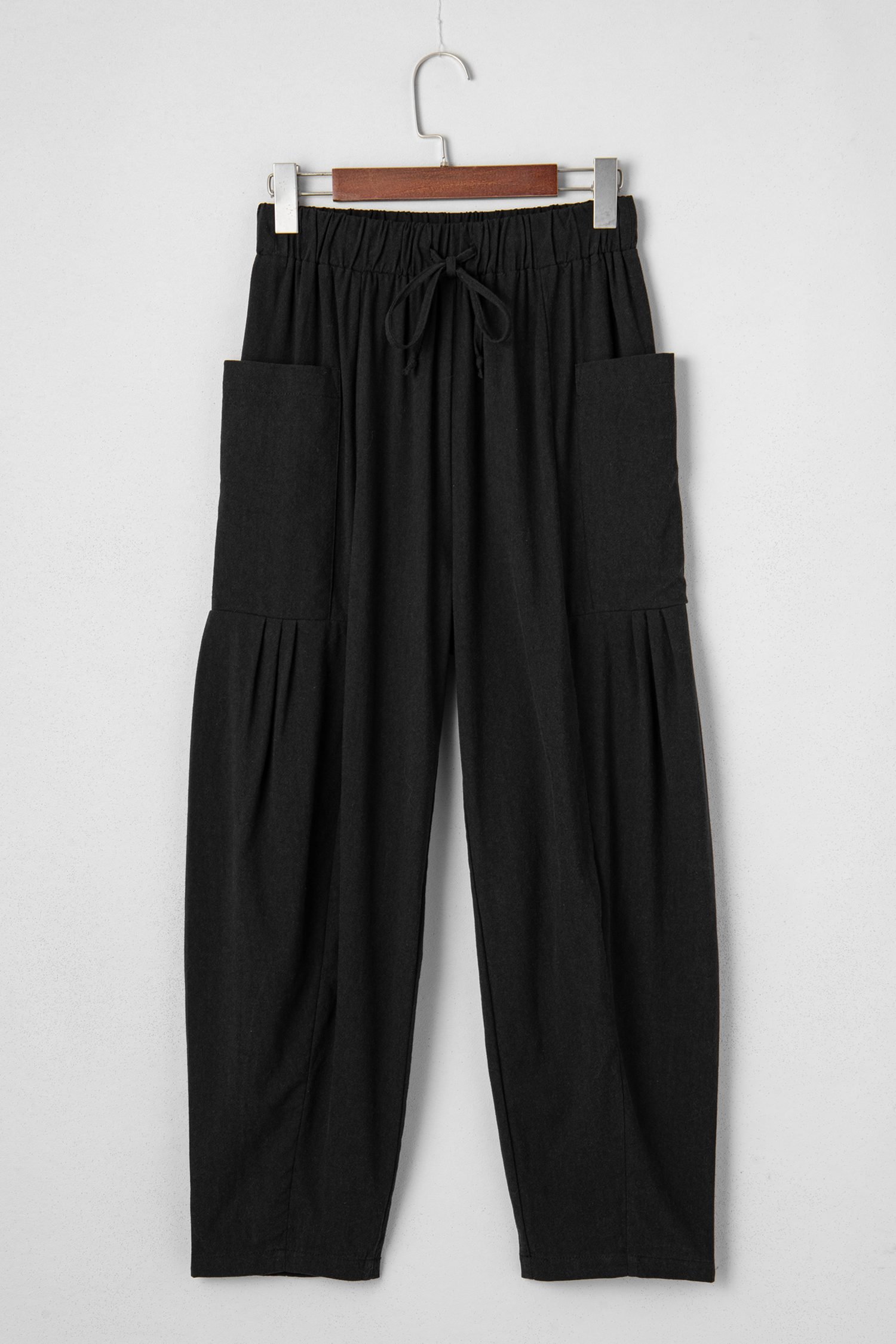 Black Drawstring Elastic Waist Patch Pocket Barrel Leg Casual Pants - Image 7
