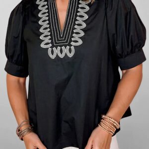 Black Short Puff Sleeve Contrast Embroidered Detail V Neck Blouse