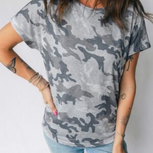 Gray Camouflage Print Round Neck T Shirt
