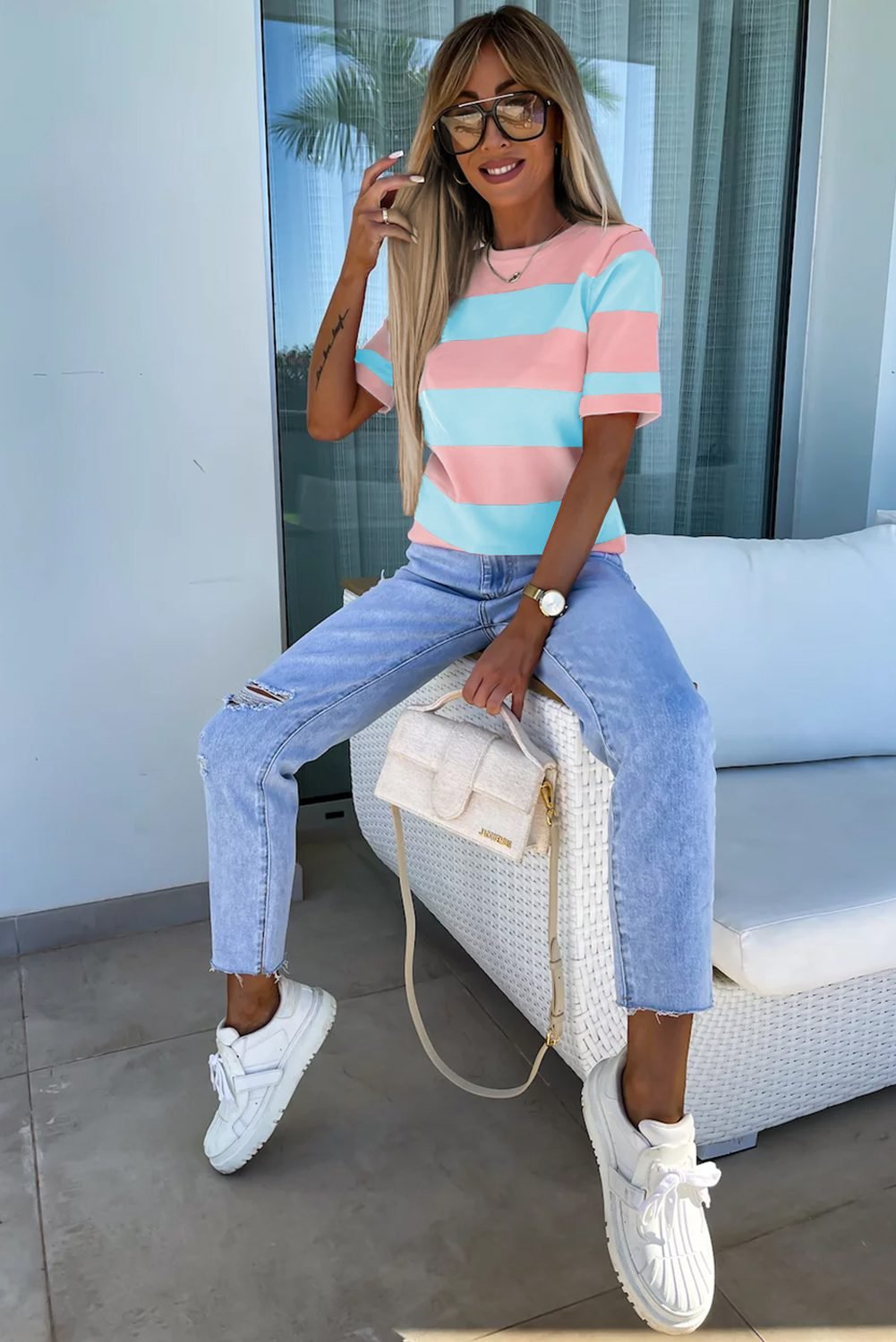 Pink Stripe Colorblock Striped Knitted T shirt