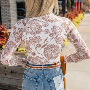 Brown Thumbhole Long Sleeve Floral Print Mesh Top