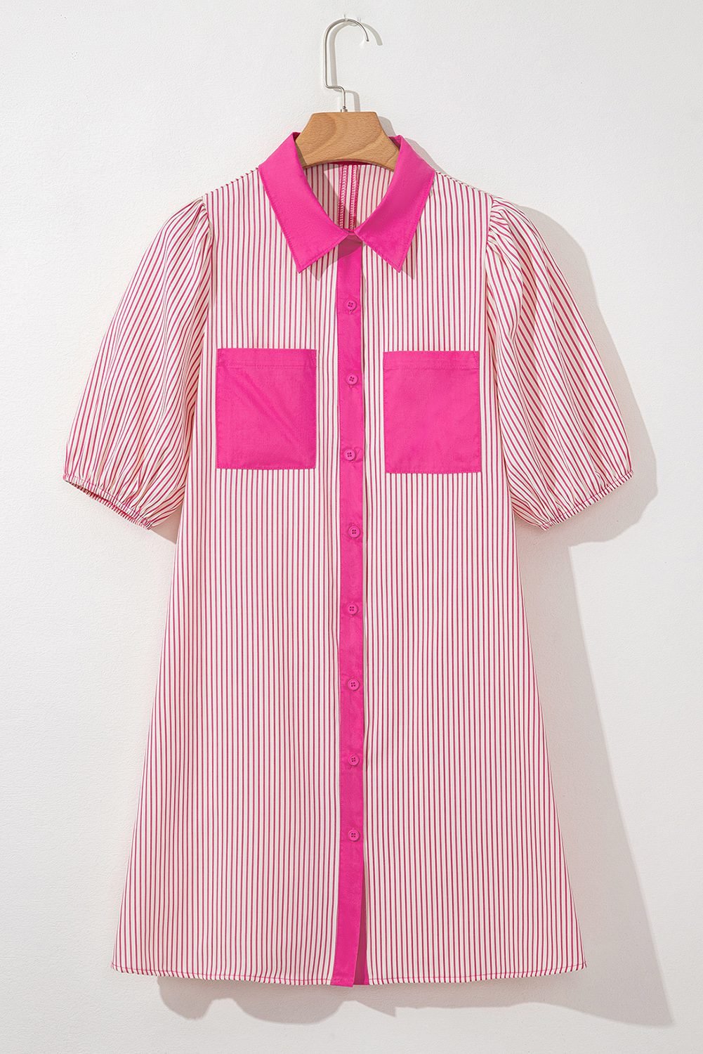 Rose Stripe Color Block Patchwork Shirt Collar Button Down Puff Sleeve Mini Dress