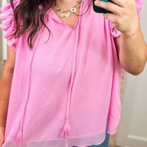 Bonbon Plus Size Textured Tassel Tie V Neck Ruffle Short Sleeve Blouse