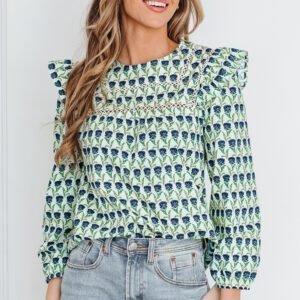 Green Floral Print Lace Detail Ruffle Trim Long Sleeve Blouse