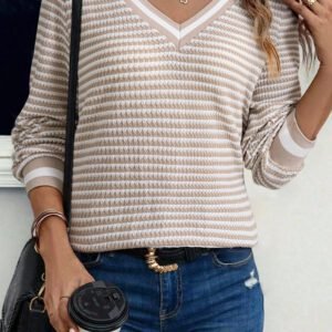 Beige Striped Textured Knit V Neck Casual Top