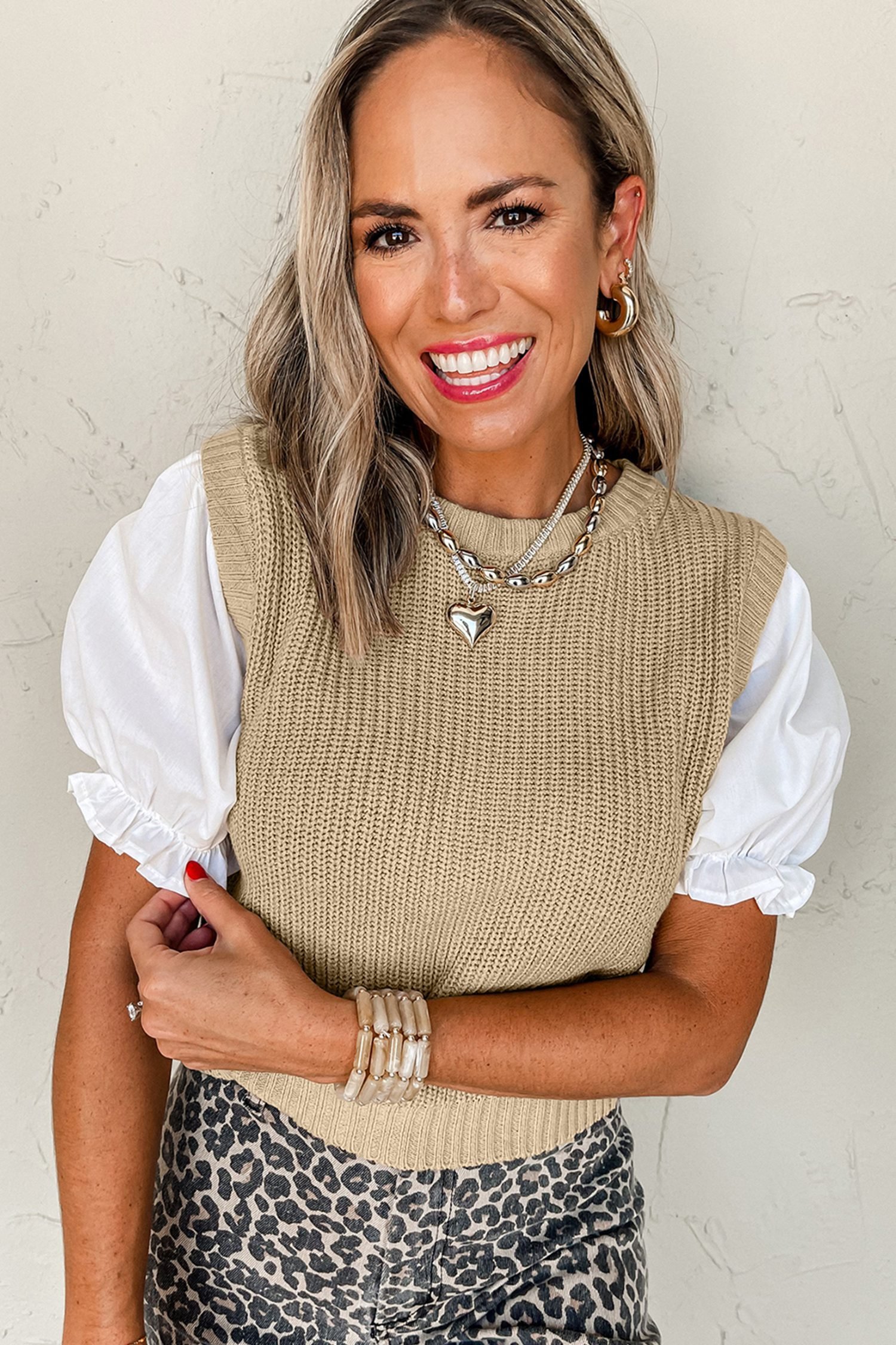 Light French Beige Round Neck Knit Contrast Short Sleeve Patchwork Sweater Top - Image 6