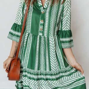 Green Boho Ethnic Print Half Button 3/4 Sleeve Casual Dress
