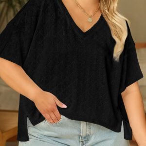 Black Pointelle Rhombus Knit Plus Size V Neck Loose Top