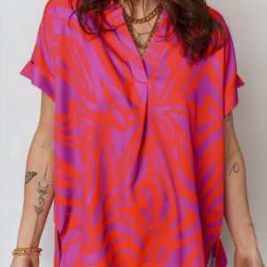 Multicolour Abstract Print V Neck Cuffed Short Sleeve Shift Slit Blouse