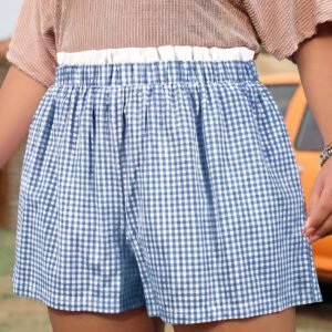 Sky Blue Contrast Trim Plaid Print Plus Size Shorts