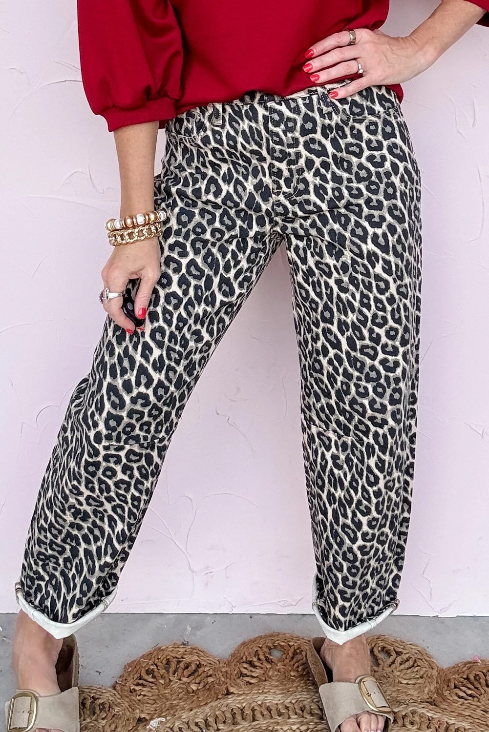 Black Leopard Print Barrel Jeans - Image 5