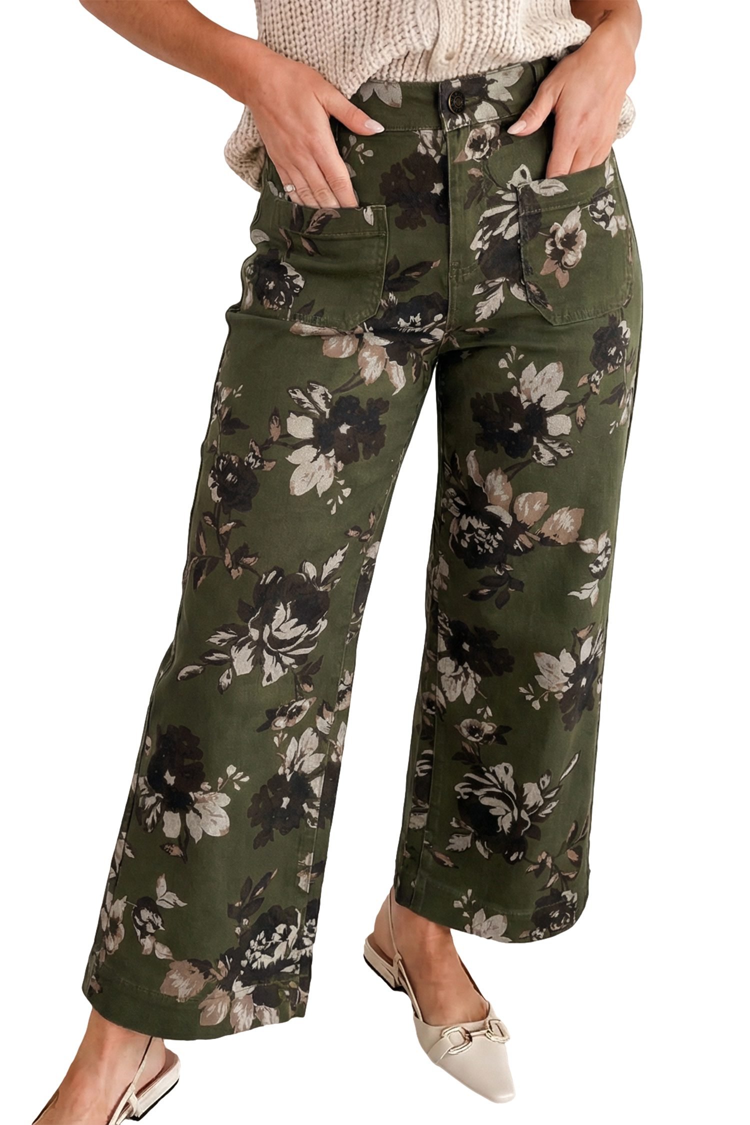 Green Vintage Floral Print Square Patch Pocket Raw Hem Shift Jeans - Image 4