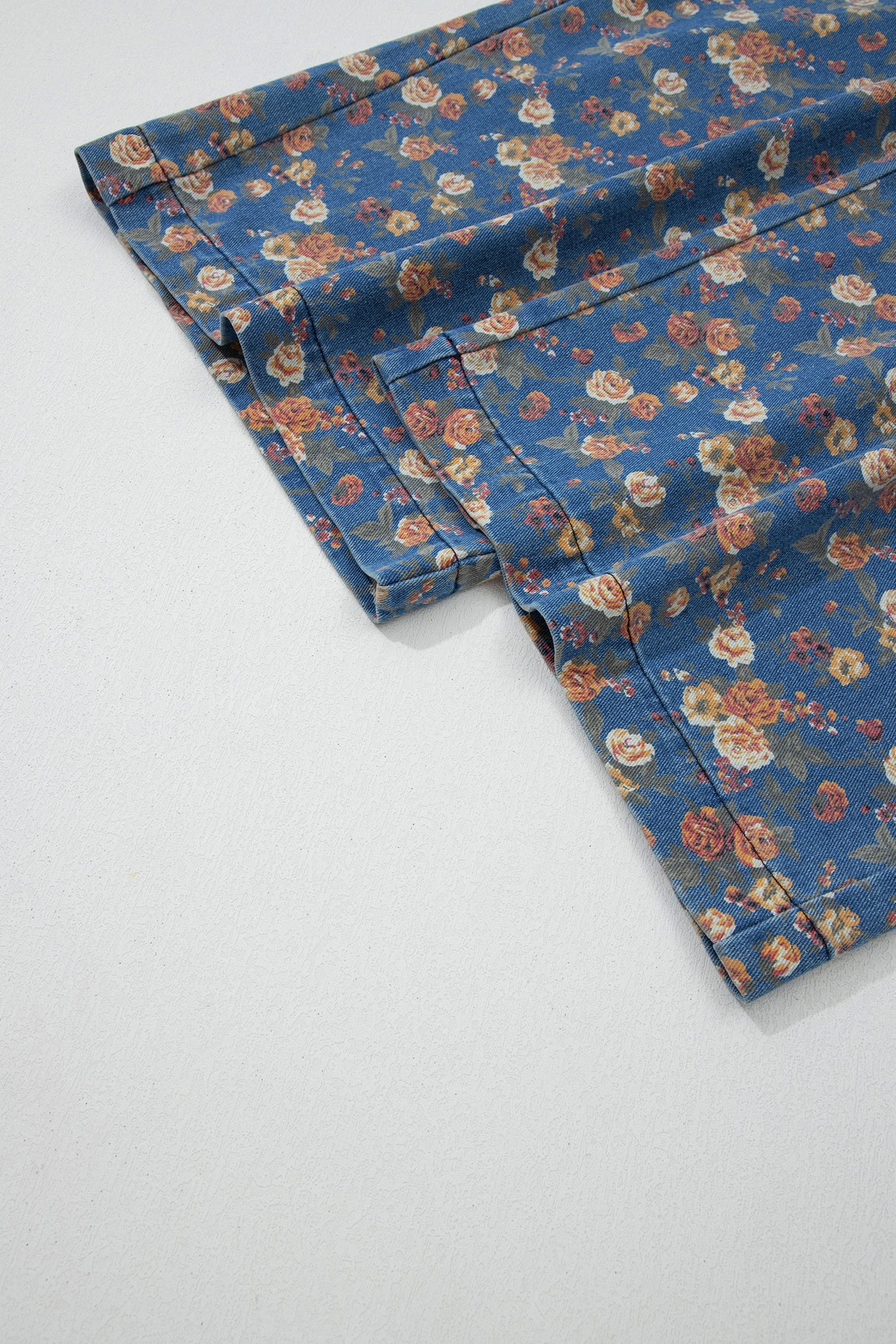 Blue Vintage Rose Printed Pleated Loose Denim Overall Jumpsuit