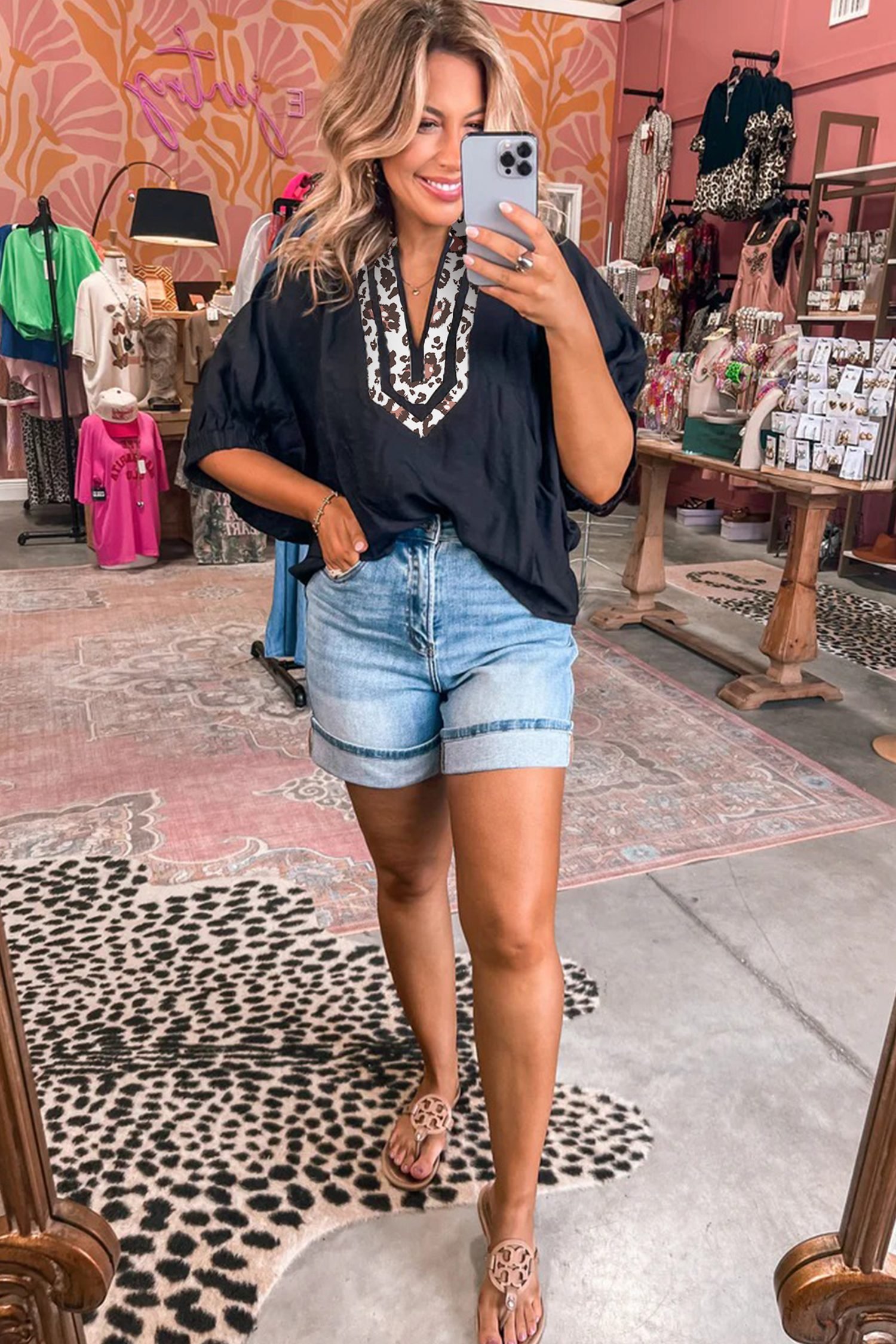 Black Dolman Half Sleeve Leopard Patchwork Trim V Neck Blouse - Image 2