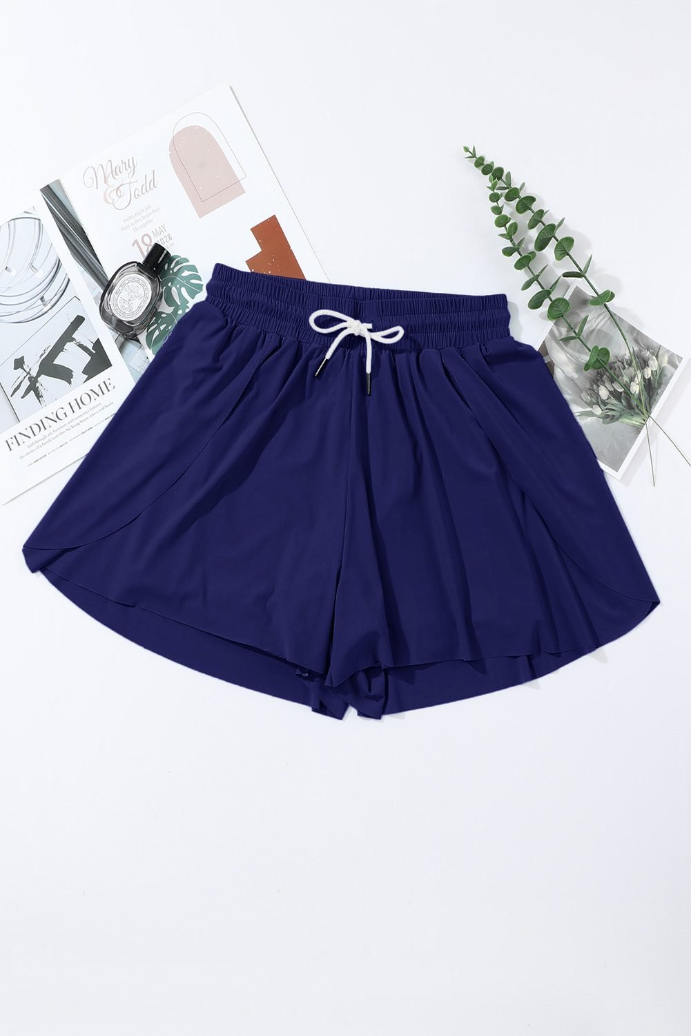 Navy Blue Drawstring Elastic Waist Lined Ruffle Shorts Bikini Bottom