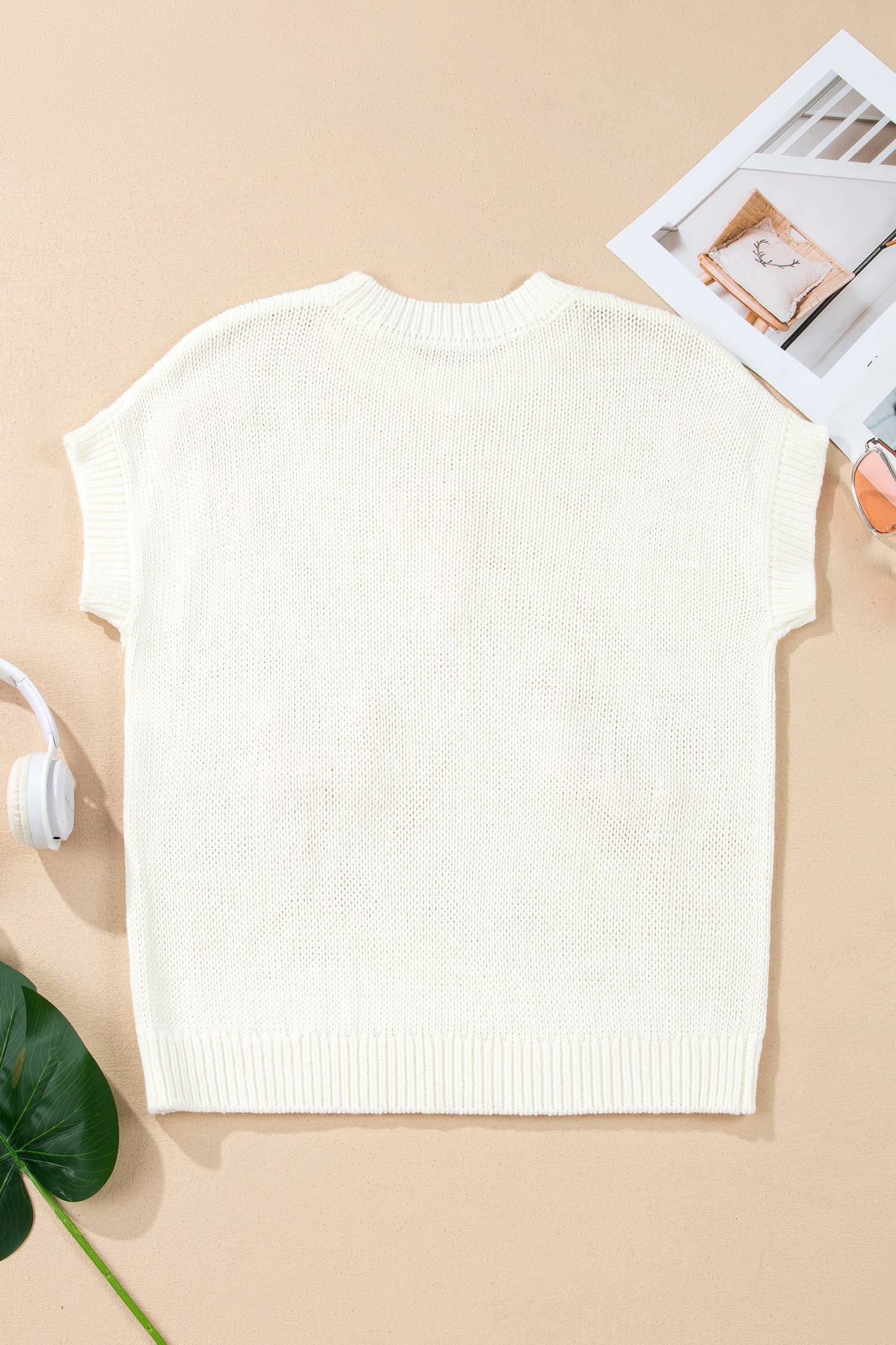 White Short Sleeve Knit Contrast Bow Knot Loose Sweater - Image 5